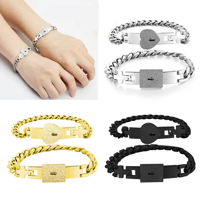 Romantic Couple Bracelets 2X/Set Stainless Steel Lover Heart Lock for Key Bracelet Attract Charms for Boyfriend Girlfrie